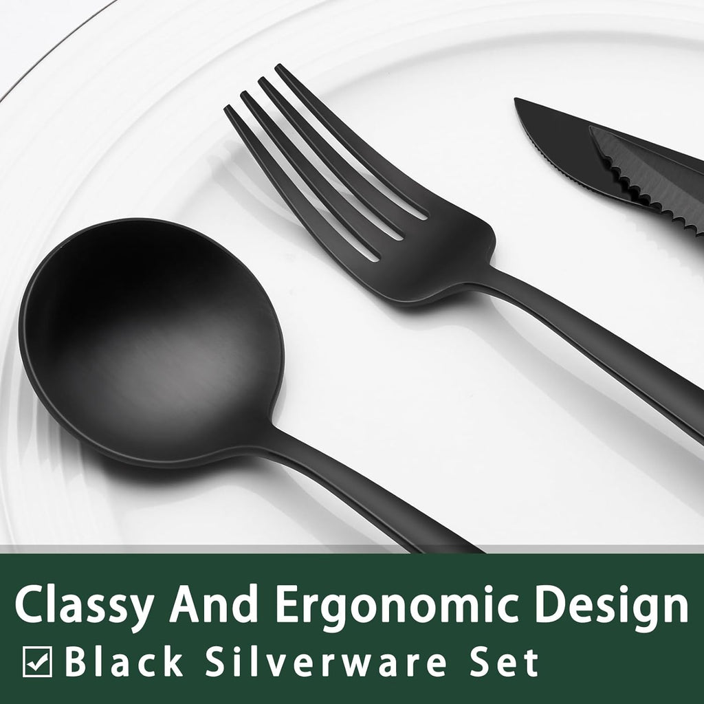 24-Piece Black Silverware Set with Steak Knives, Black Flatware Set for 4, Food-Grade Stainless Steel Tableware Cutlery Set, Mirror Finished Utensil Sets for Home Restaurant - Grand Goldman