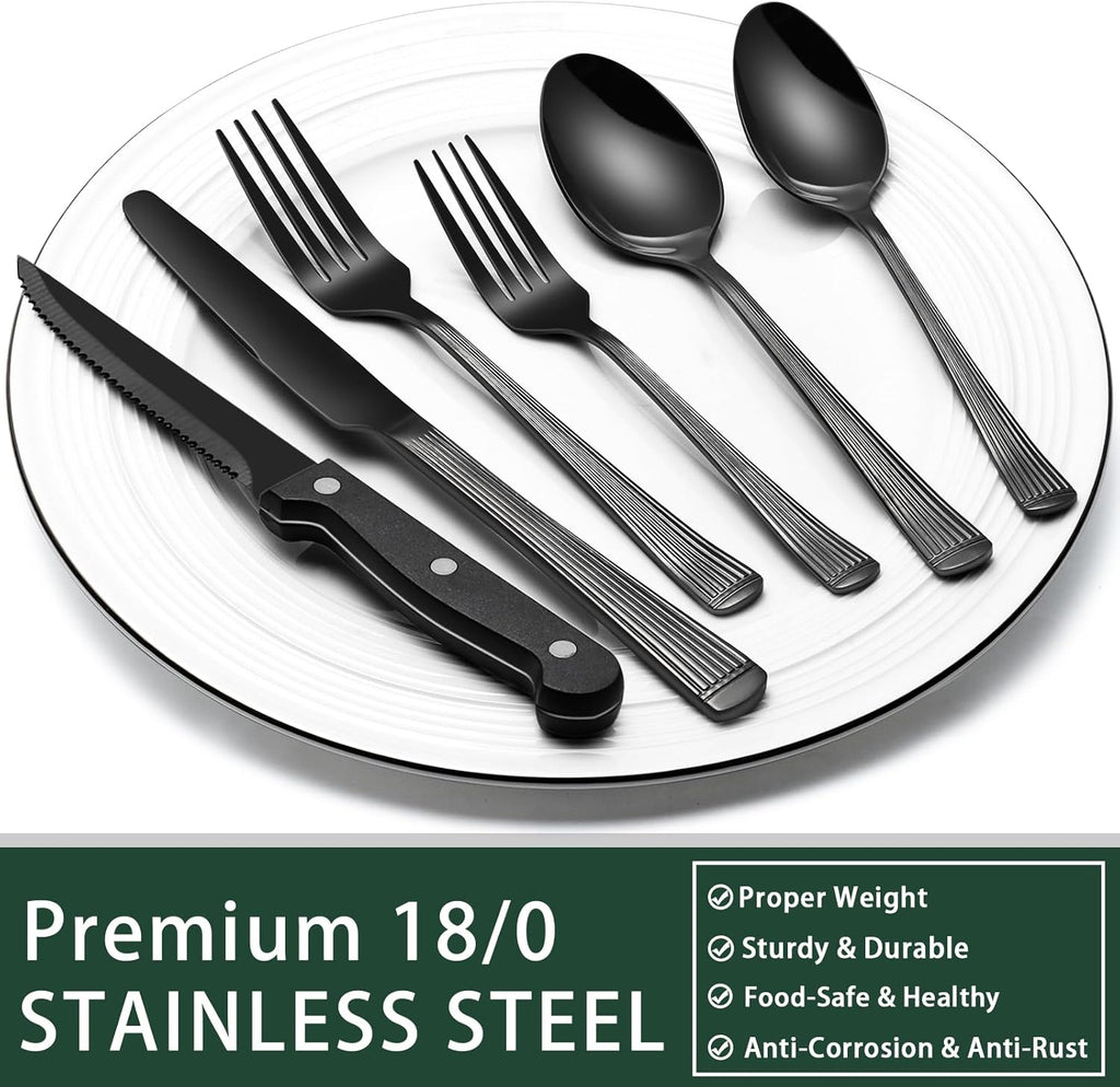 24-Piece Black Silverware Set with Steak Knives, Black Flatware Set for 4, Food-Grade Stainless Steel Tableware Cutlery Set, Mirror Finished Utensil Sets for Home Restaurant - Grand Goldman