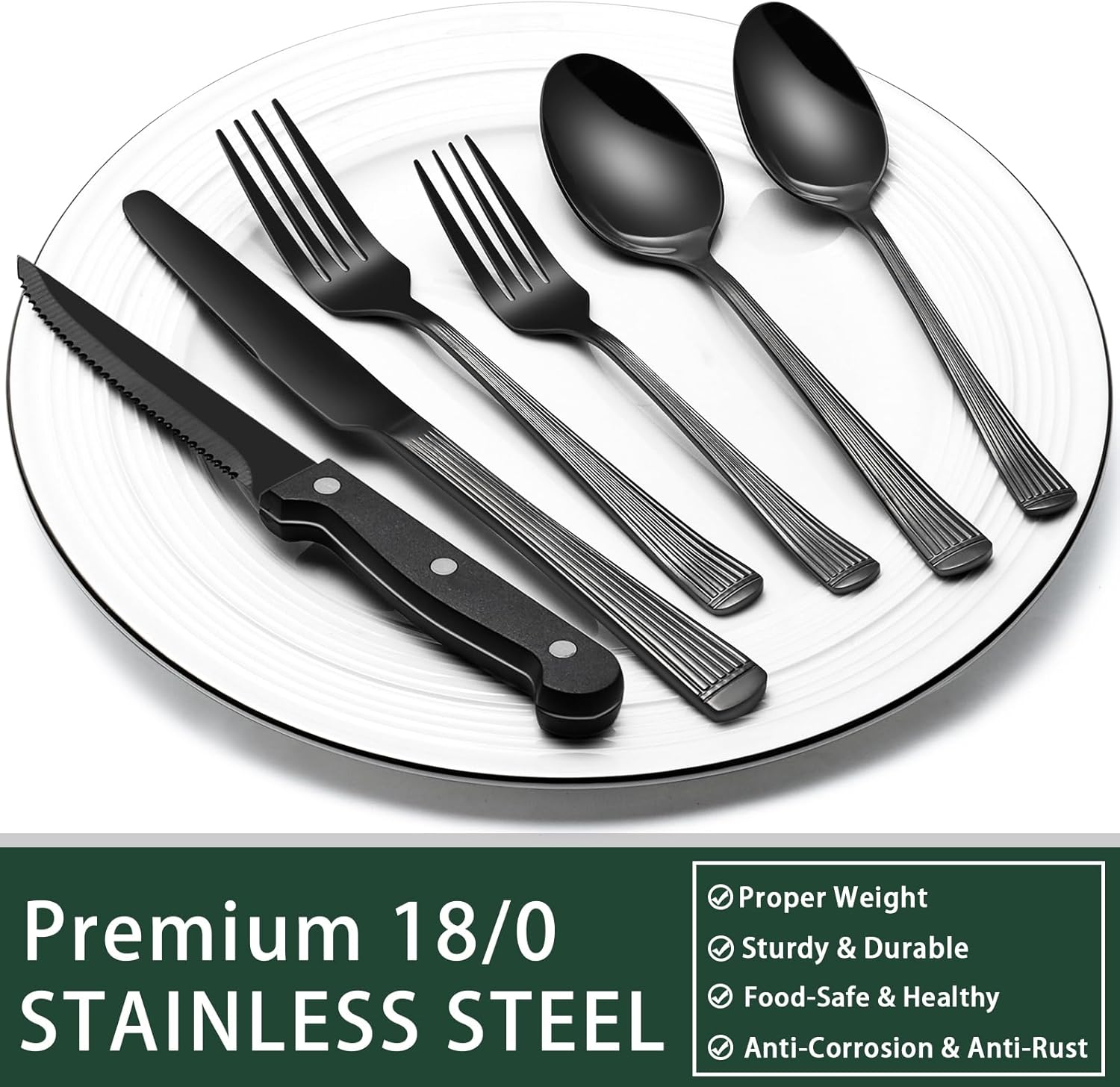 24-Piece Black Silverware Set with Steak Knives, Black Flatware Set for 4, Food-Grade Stainless Steel Tableware Cutlery Set, Mirror Finished Utensil Sets for Home Restaurant - Grand Goldman