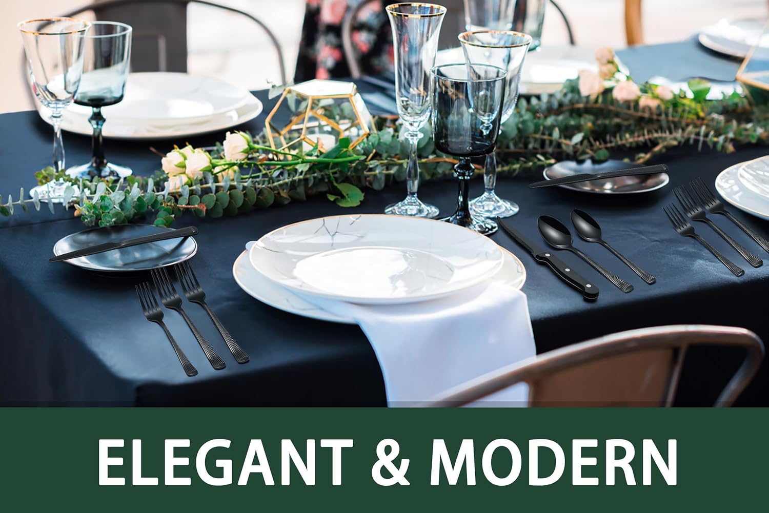 24-Piece Black Silverware Set with Steak Knives, Black Flatware Set for 4, Food-Grade Stainless Steel Tableware Cutlery Set, Mirror Finished Utensil Sets for Home Restaurant - Grand Goldman