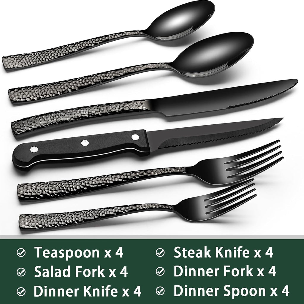24-Piece Black Silverware Set with Steak Knives, Black Flatware Set for 4, Food-Grade Stainless Steel Tableware Cutlery Set, Mirror Finished Utensil Sets for Home Restaurant - Grand Goldman