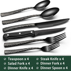 24-Piece Black Silverware Set with Steak Knives, Black Flatware Set for 4, Food-Grade Stainless Steel Tableware Cutlery Set, Mirror Finished Utensil Sets for Home Restaurant - Grand Goldman
