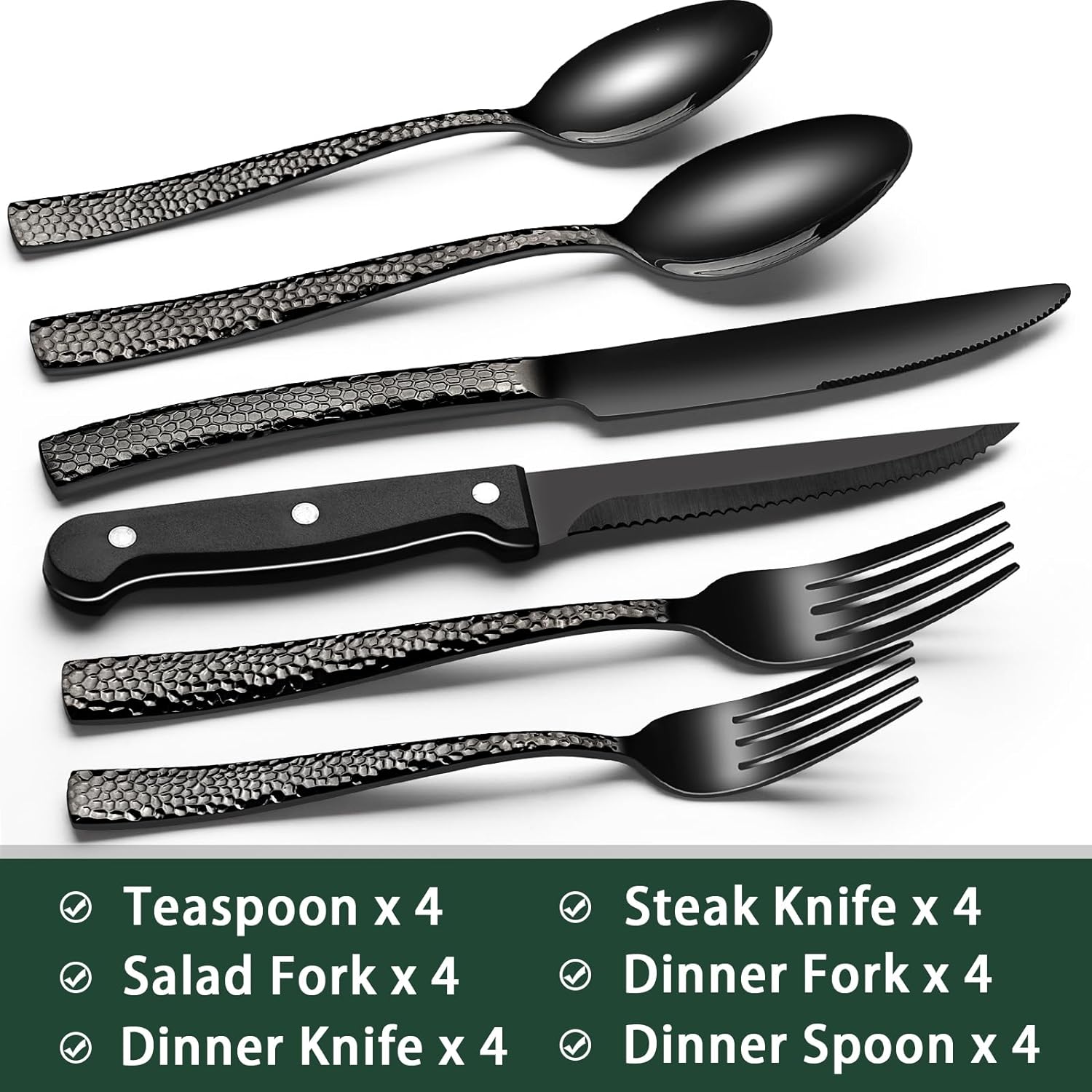 24-Piece Black Silverware Set with Steak Knives, Black Flatware Set for 4, Food-Grade Stainless Steel Tableware Cutlery Set, Mirror Finished Utensil Sets for Home Restaurant - Grand Goldman