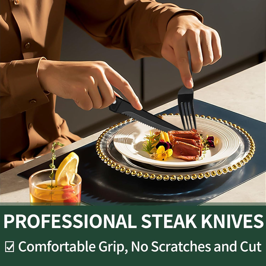 24-Piece Black Silverware Set with Steak Knives, Black Flatware Set for 4, Food-Grade Stainless Steel Tableware Cutlery Set, Mirror Finished Utensil Sets for Home Restaurant - Grand Goldman