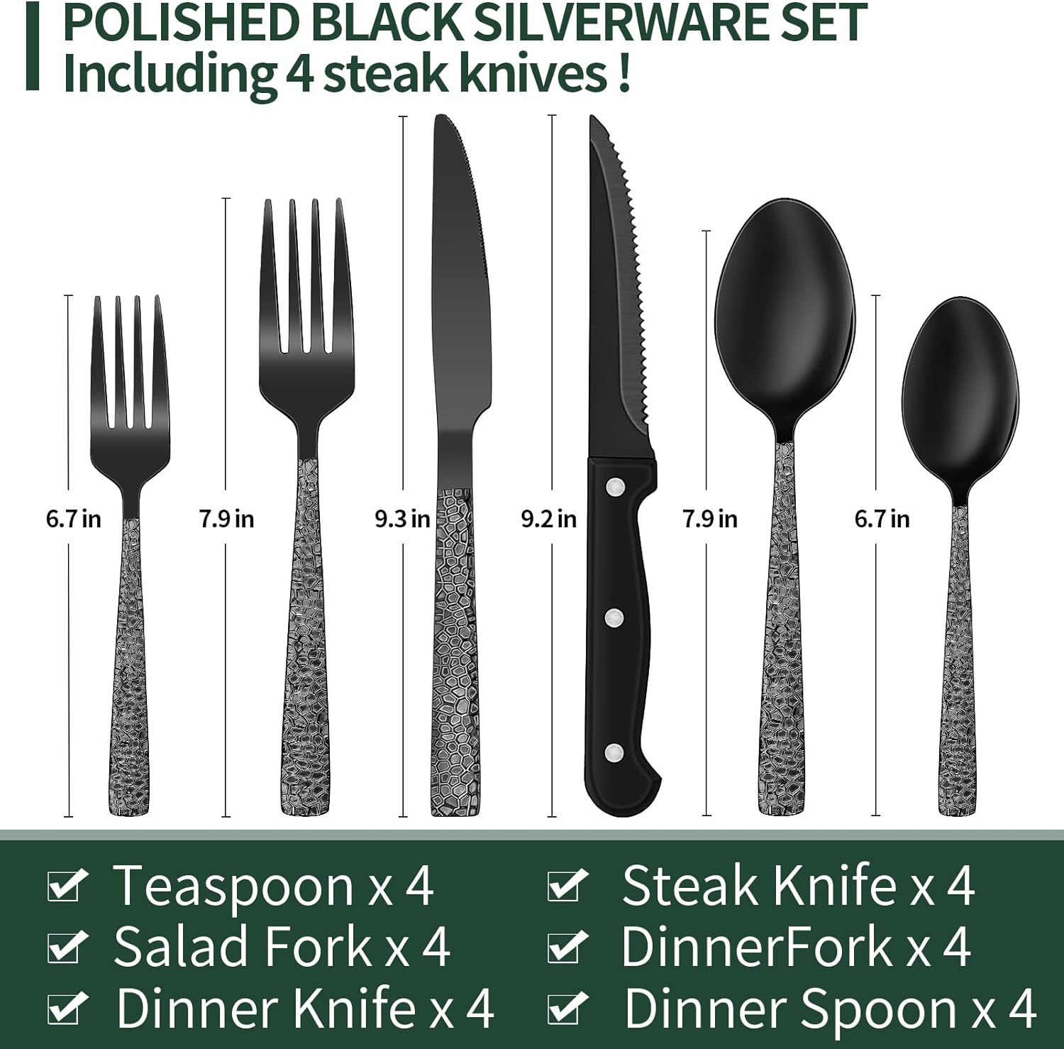 24-Piece Black Silverware Set with Steak Knives, Black Flatware Set for 4, Food-Grade Stainless Steel Tableware Cutlery Set, Mirror Finished Utensil Sets for Home Restaurant - Grand Goldman