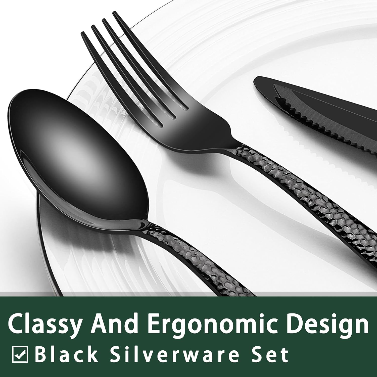 24-Piece Black Silverware Set with Steak Knives, Black Flatware Set for 4, Food-Grade Stainless Steel Tableware Cutlery Set, Mirror Finished Utensil Sets for Home Restaurant - Grand Goldman