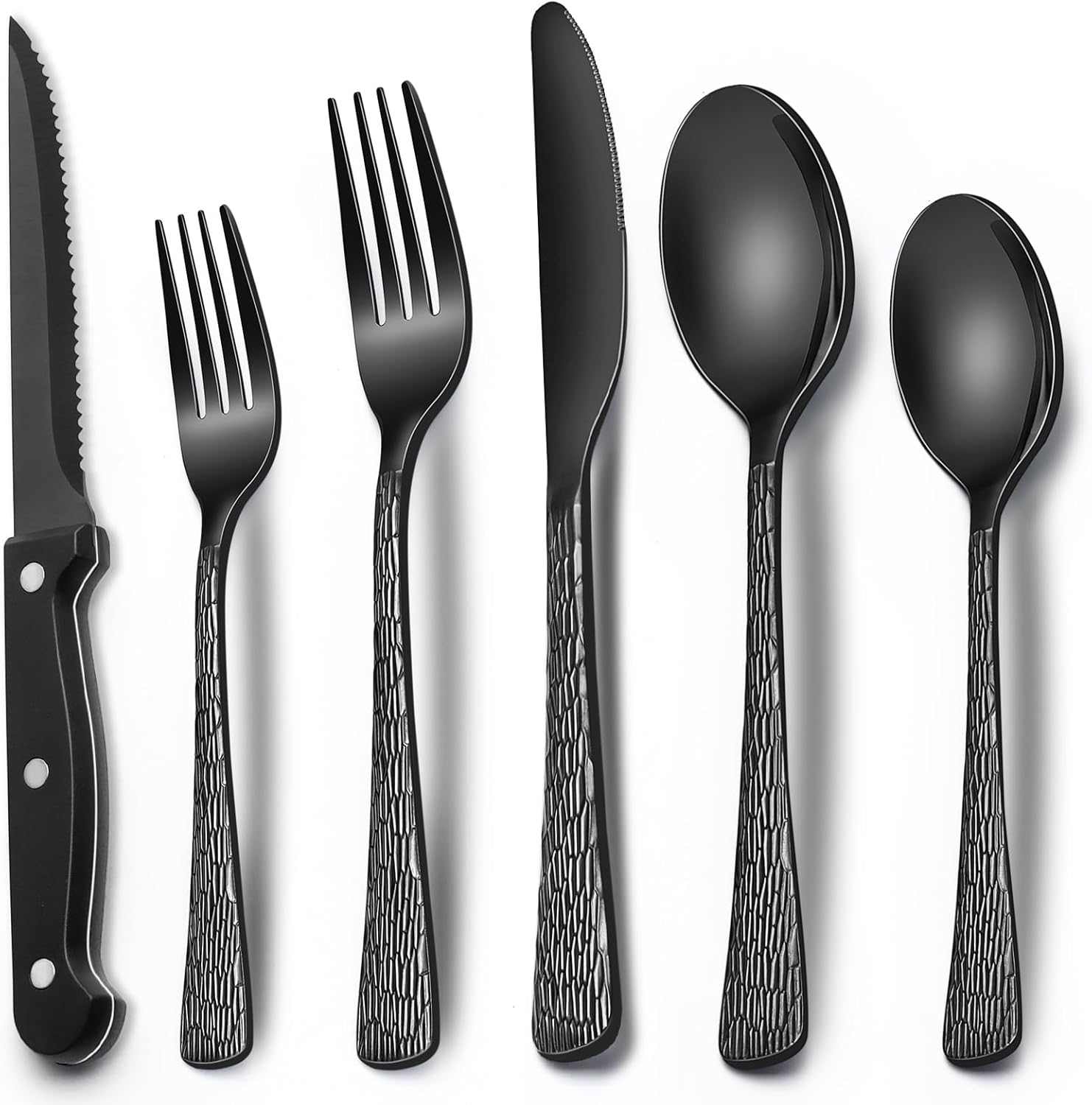 24-Piece Black Silverware Set with Steak Knives, Black Flatware Set for 4, Food-Grade Stainless Steel Tableware Cutlery Set, Mirror Finished Utensil Sets for Home Restaurant - Grand Goldman