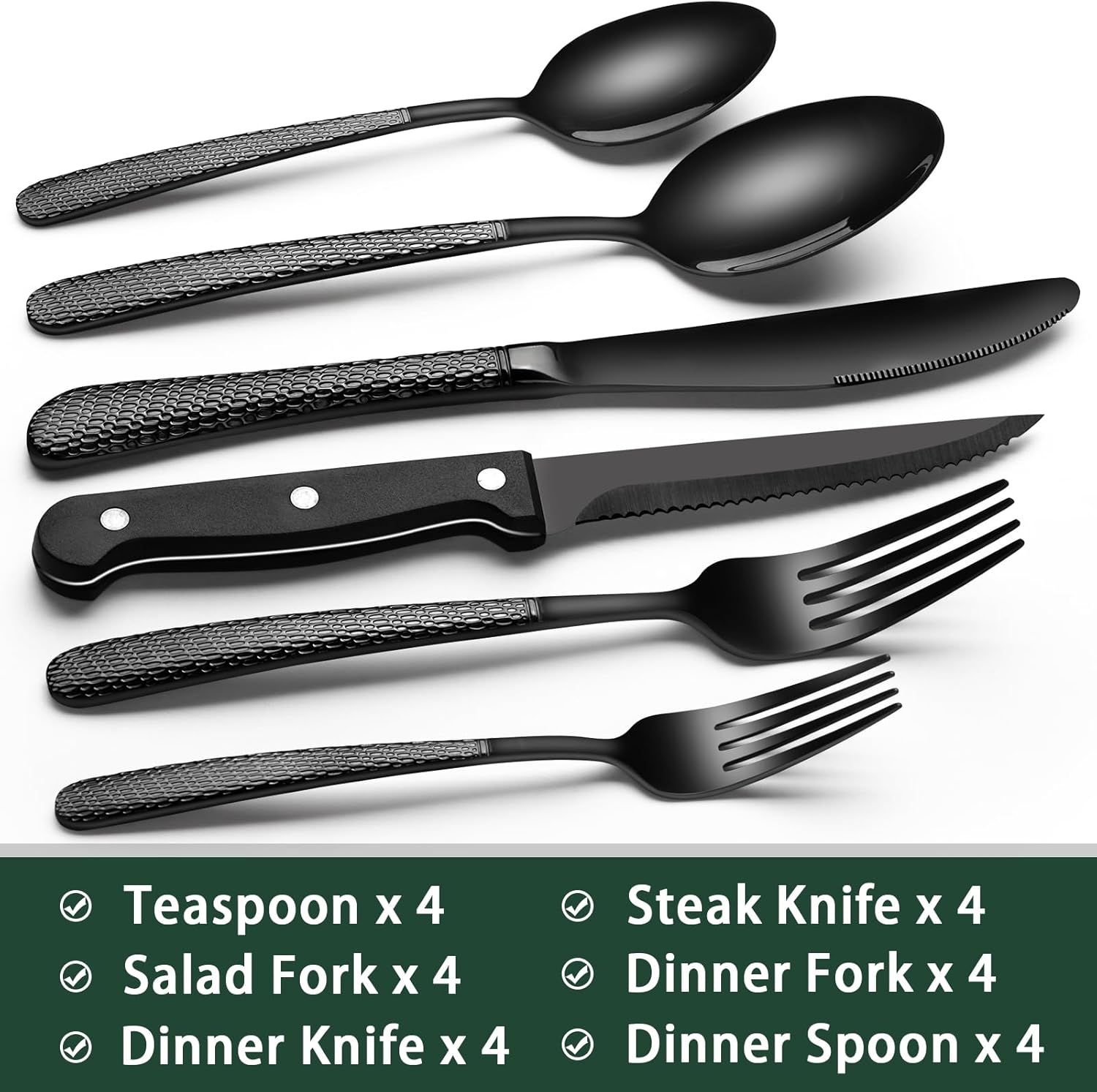 24-Piece Black Silverware Set with Steak Knives, Black Flatware Set for 4, Food-Grade Stainless Steel Tableware Cutlery Set, Mirror Finished Utensil Sets for Home Restaurant - Grand Goldman