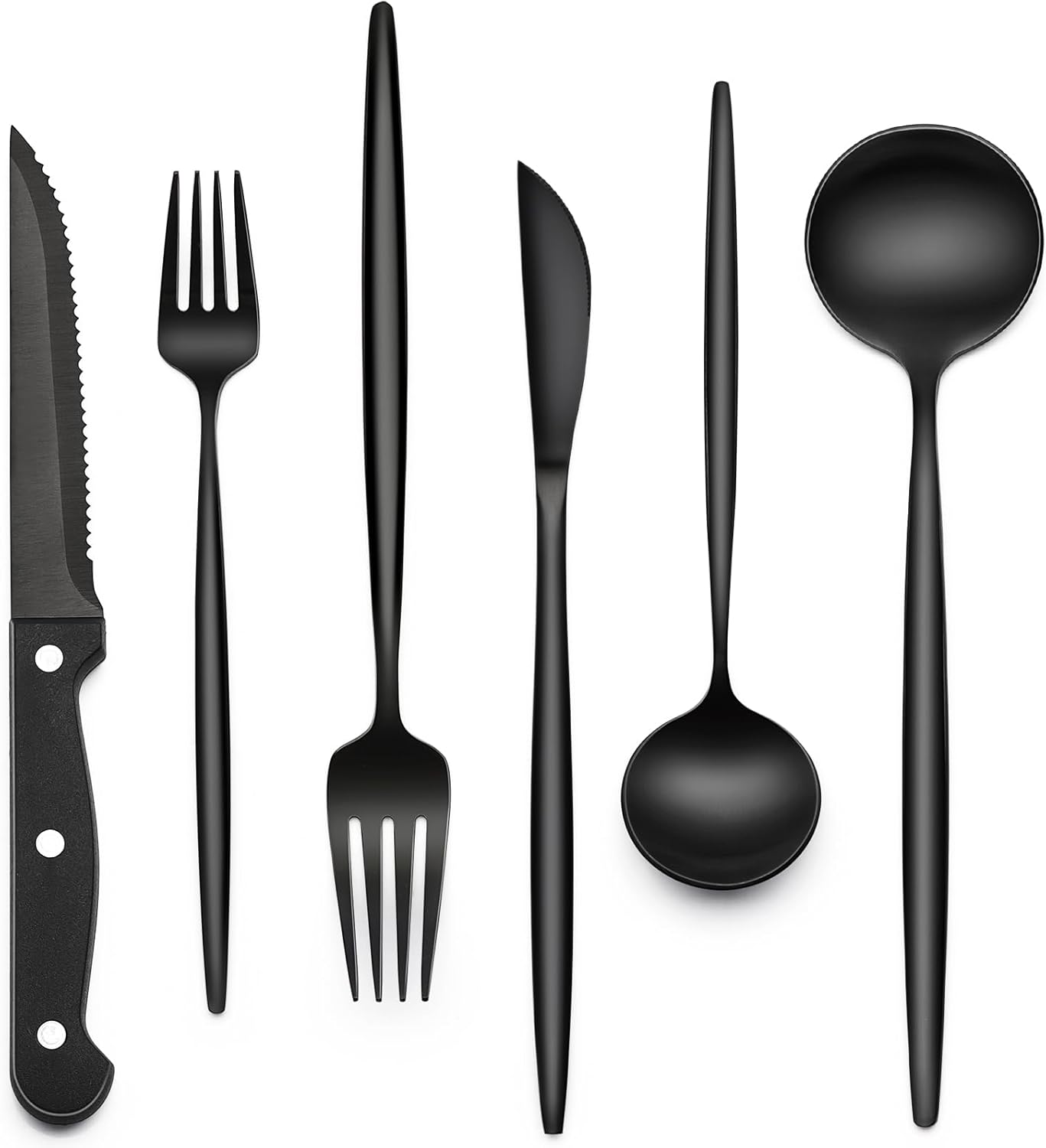 24-Piece Black Silverware Set with Steak Knives, Black Flatware Set for 4, Food-Grade Stainless Steel Tableware Cutlery Set, Mirror Finished Utensil Sets for Home Restaurant - Grand Goldman