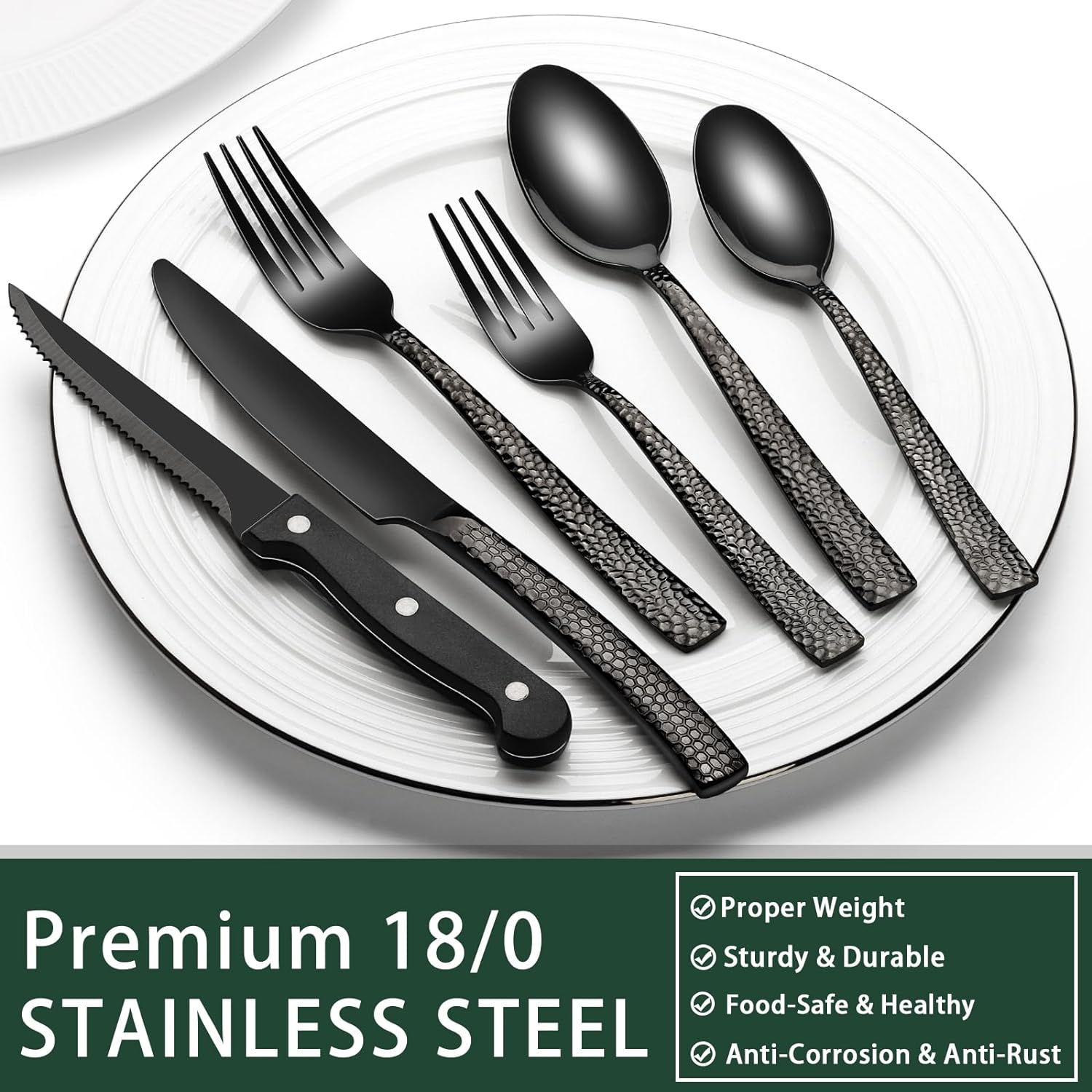 24-Piece Black Silverware Set with Steak Knives, Black Flatware Set for 4, Food-Grade Stainless Steel Tableware Cutlery Set, Mirror Finished Utensil Sets for Home Restaurant - Grand Goldman