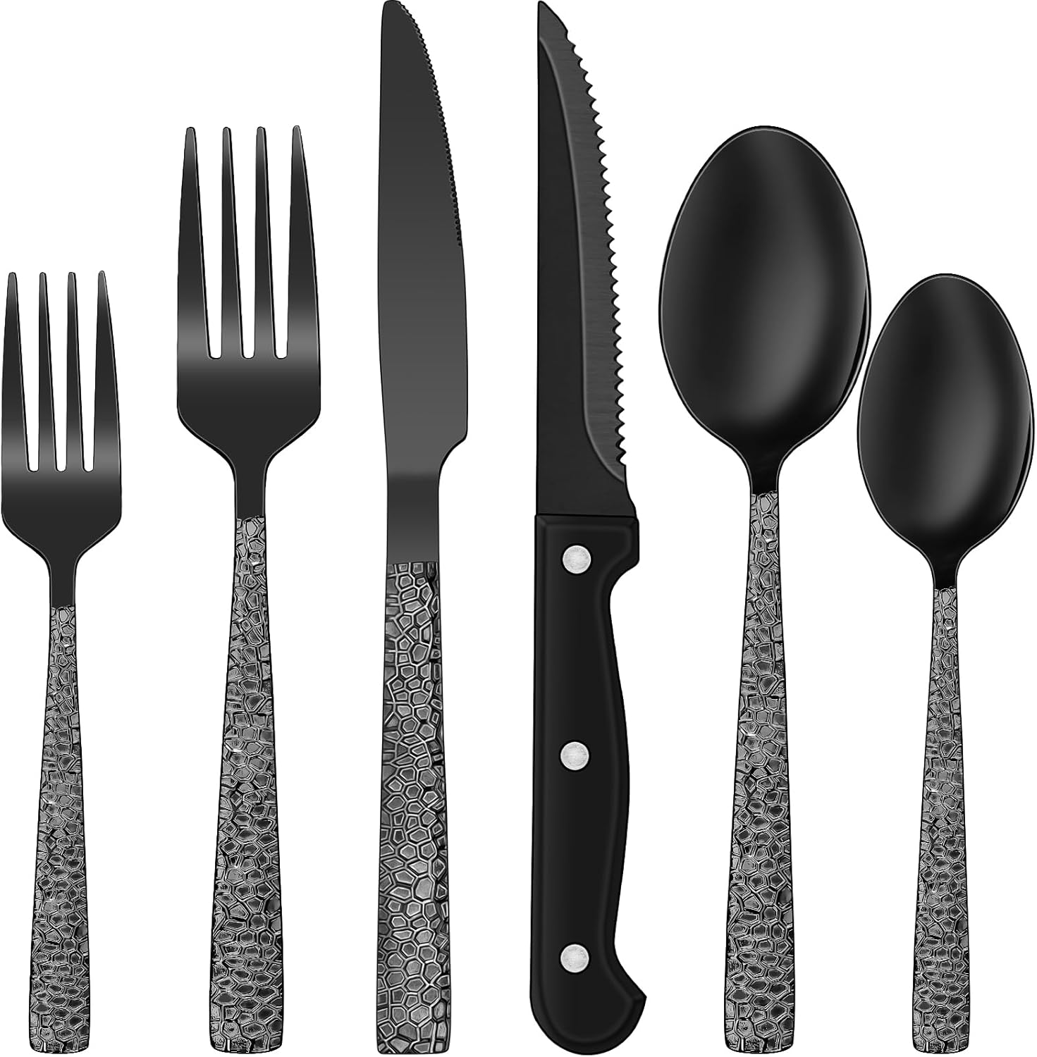 24-Piece Black Silverware Set with Steak Knives, Black Flatware Set for 4, Food-Grade Stainless Steel Tableware Cutlery Set, Mirror Finished Utensil Sets for Home Restaurant - Grand Goldman
