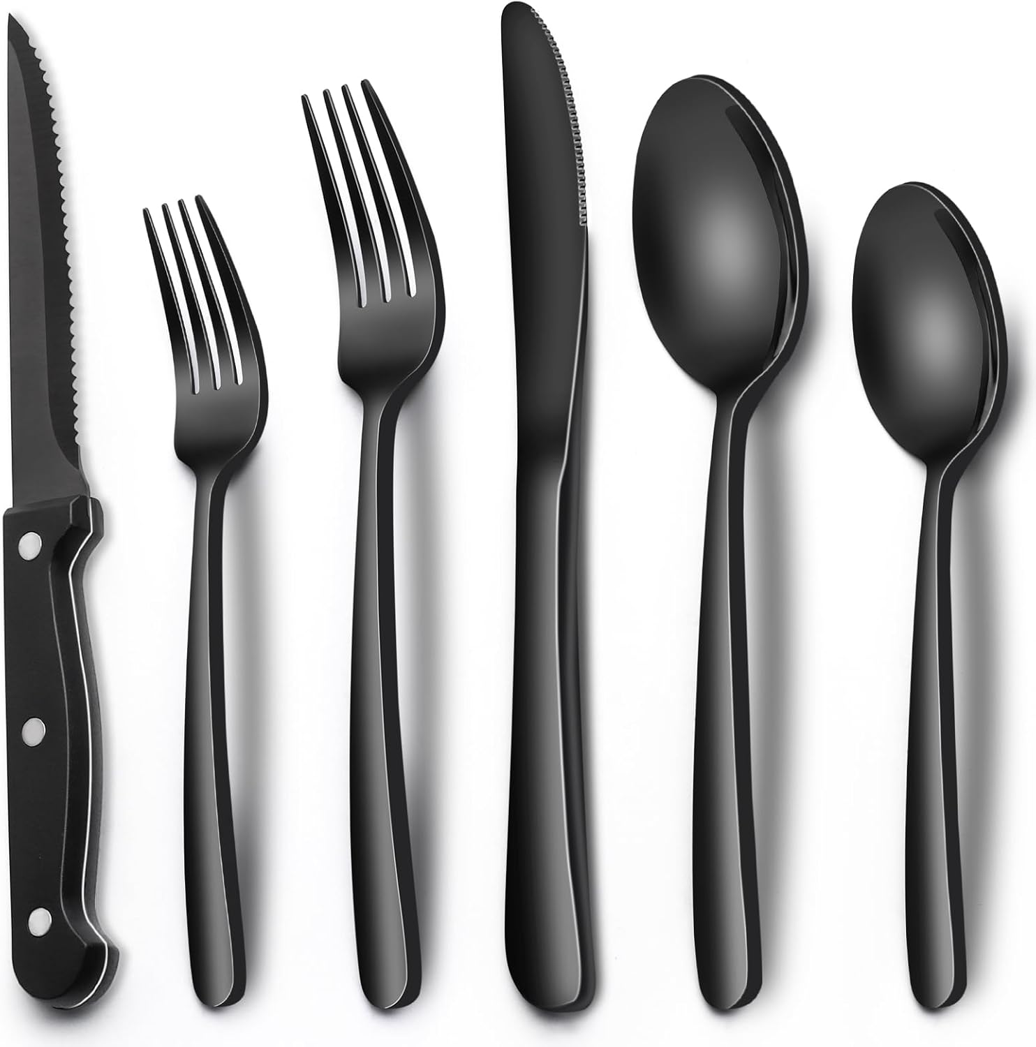 24-Piece Black Silverware Set with Steak Knives, Black Flatware Set for 4, Food-Grade Stainless Steel Tableware Cutlery Set, Mirror Finished Utensil Sets for Home Restaurant - Grand Goldman
