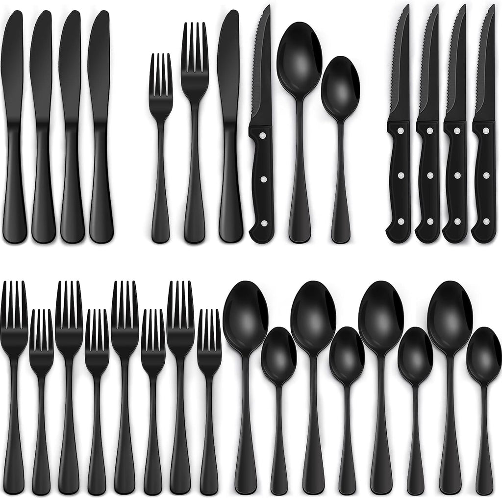 24-Piece Black Silverware Set with Steak Knives, Black Flatware Set for 4, Food-Grade Stainless Steel Tableware Cutlery Set, Mirror Finished Utensil Sets for Home Restaurant - Grand Goldman