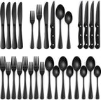 24-Piece Black Silverware Set with Steak Knives, Black Flatware Set for 4, Food-Grade Stainless Steel Tableware Cutlery Set, Mirror Finished Utensil Sets for Home Restaurant - Grand Goldman