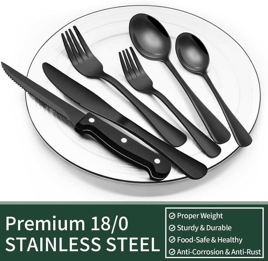 24-Piece Black Silverware Set with Steak Knives, Black Flatware Set for 4, Food-Grade Stainless Steel Tableware Cutlery Set, Mirror Finished Utensil Sets for Home Restaurant - Grand Goldman