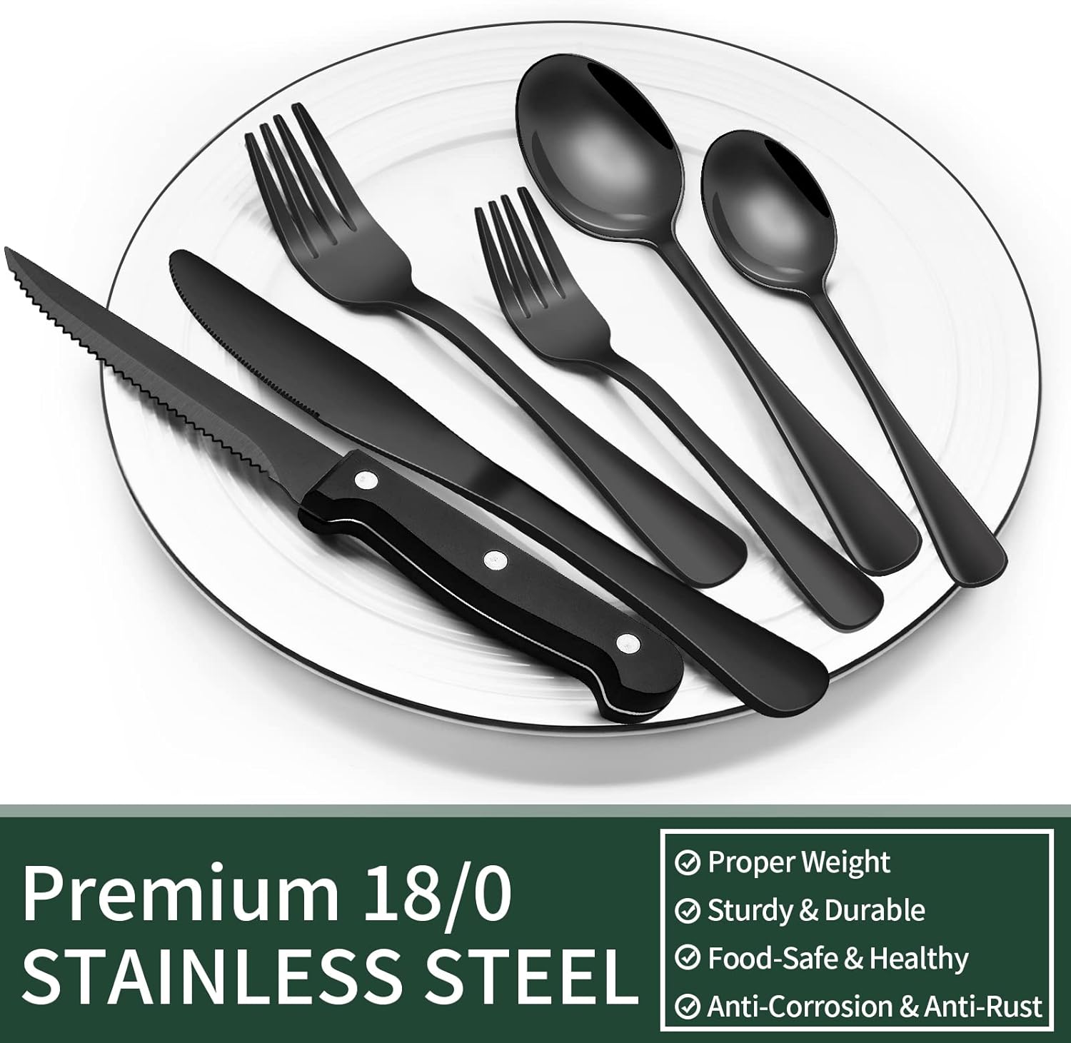24-Piece Black Silverware Set with Steak Knives, Black Flatware Set for 4, Food-Grade Stainless Steel Tableware Cutlery Set, Mirror Finished Utensil Sets for Home Restaurant - Grand Goldman
