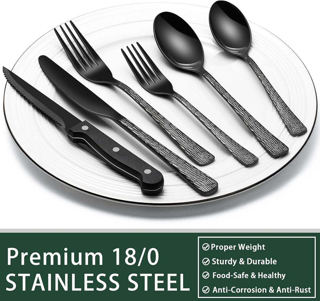 24-Piece Black Silverware Set with Steak Knives, Black Flatware Set for 4, Food-Grade Stainless Steel Tableware Cutlery Set, Mirror Finished Utensil Sets for Home Restaurant - Grand Goldman