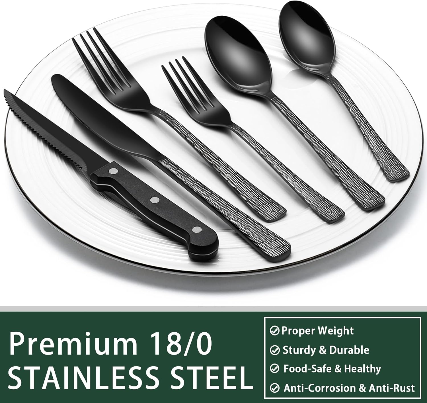 24-Piece Black Silverware Set with Steak Knives, Black Flatware Set for 4, Food-Grade Stainless Steel Tableware Cutlery Set, Mirror Finished Utensil Sets for Home Restaurant - Grand Goldman