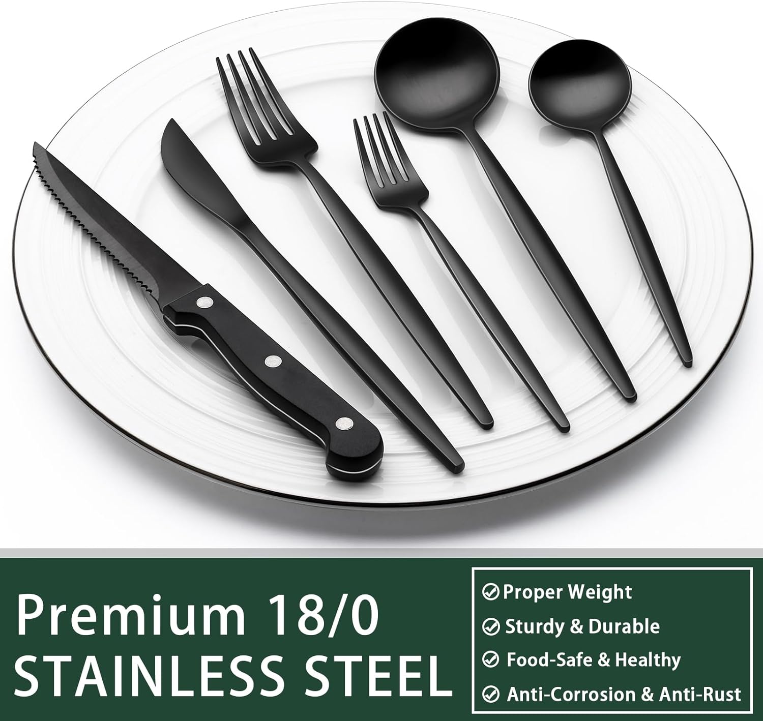 24-Piece Black Silverware Set with Steak Knives, Black Flatware Set for 4, Food-Grade Stainless Steel Tableware Cutlery Set, Mirror Finished Utensil Sets for Home Restaurant - Grand Goldman