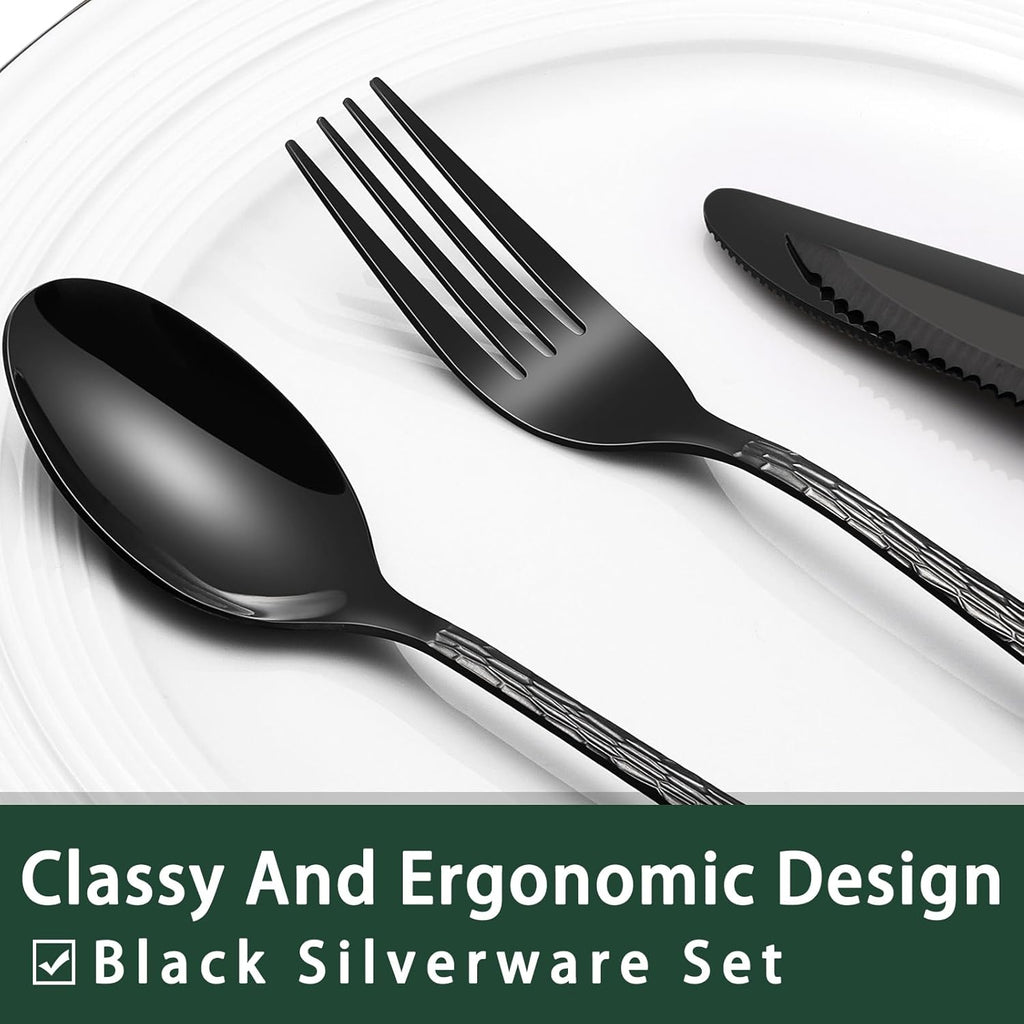 24-Piece Black Silverware Set with Steak Knives, Black Flatware Set for 4, Food-Grade Stainless Steel Tableware Cutlery Set, Mirror Finished Utensil Sets for Home Restaurant - Grand Goldman