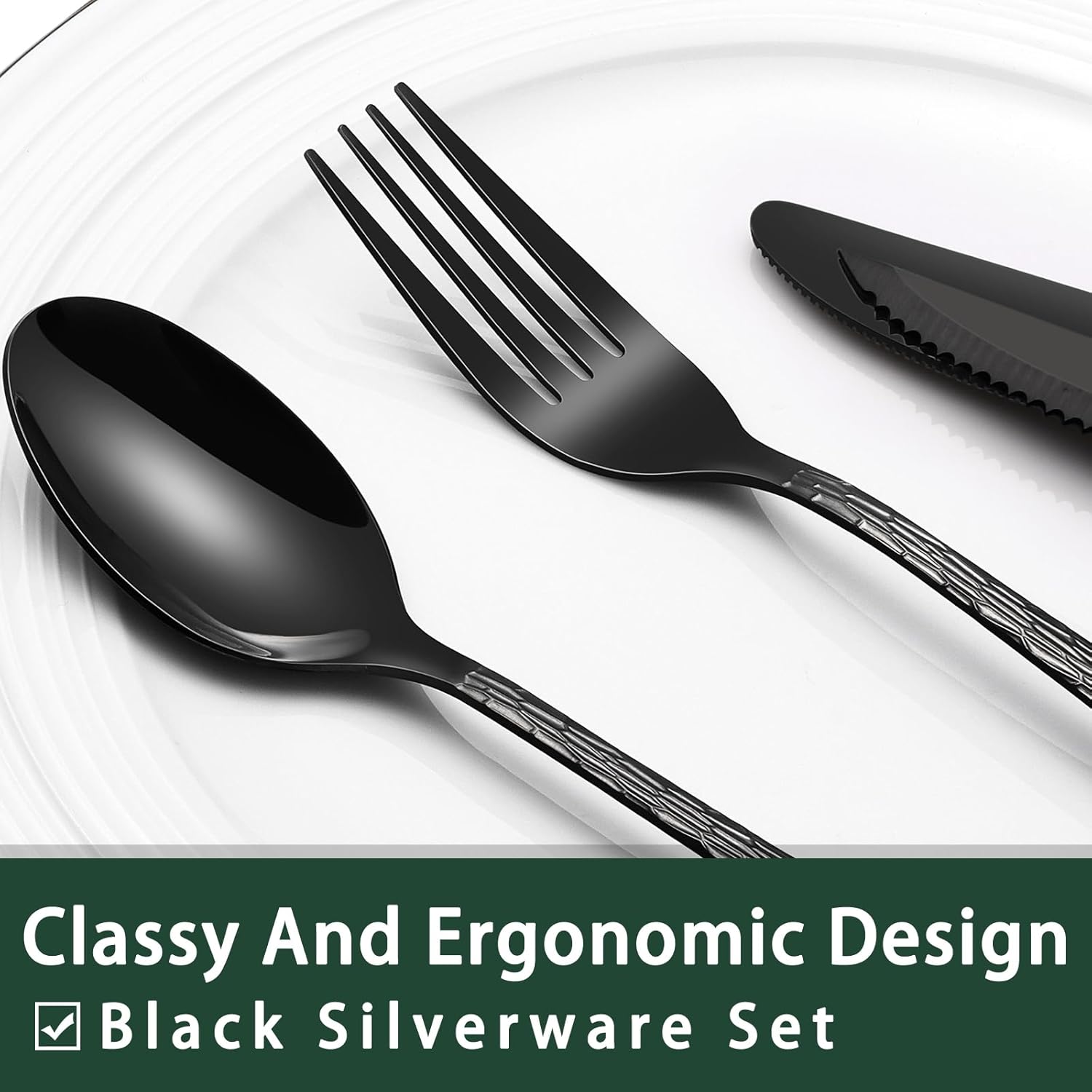 24-Piece Black Silverware Set with Steak Knives, Black Flatware Set for 4, Food-Grade Stainless Steel Tableware Cutlery Set, Mirror Finished Utensil Sets for Home Restaurant - Grand Goldman