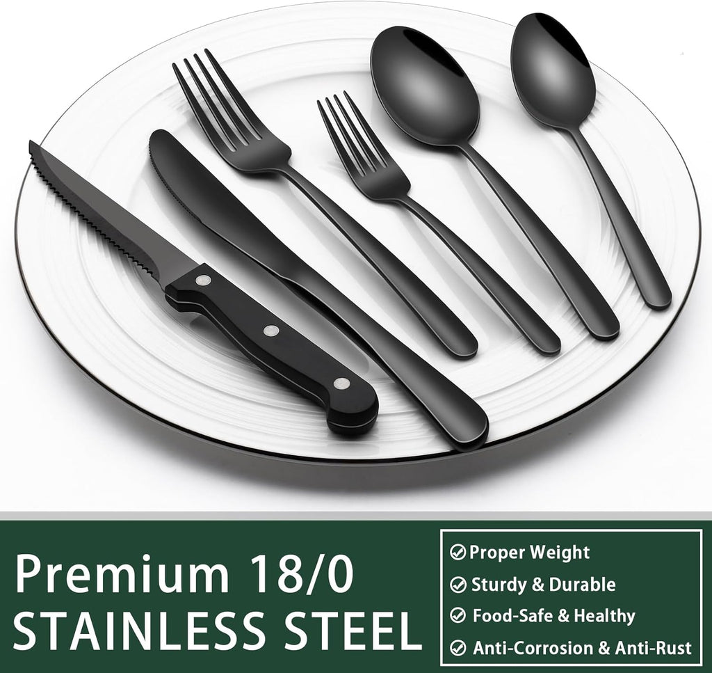 24-Piece Black Silverware Set with Steak Knives, Black Flatware Set for 4, Food-Grade Stainless Steel Tableware Cutlery Set, Mirror Finished Utensil Sets for Home Restaurant - Grand Goldman