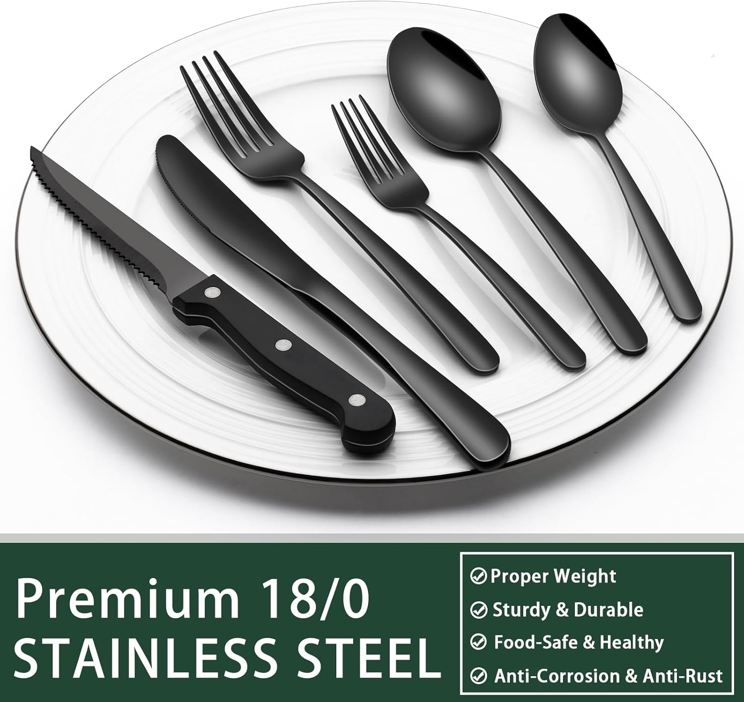 24-Piece Black Silverware Set with Steak Knives, Black Flatware Set for 4, Food-Grade Stainless Steel Tableware Cutlery Set, Mirror Finished Utensil Sets for Home Restaurant - Grand Goldman