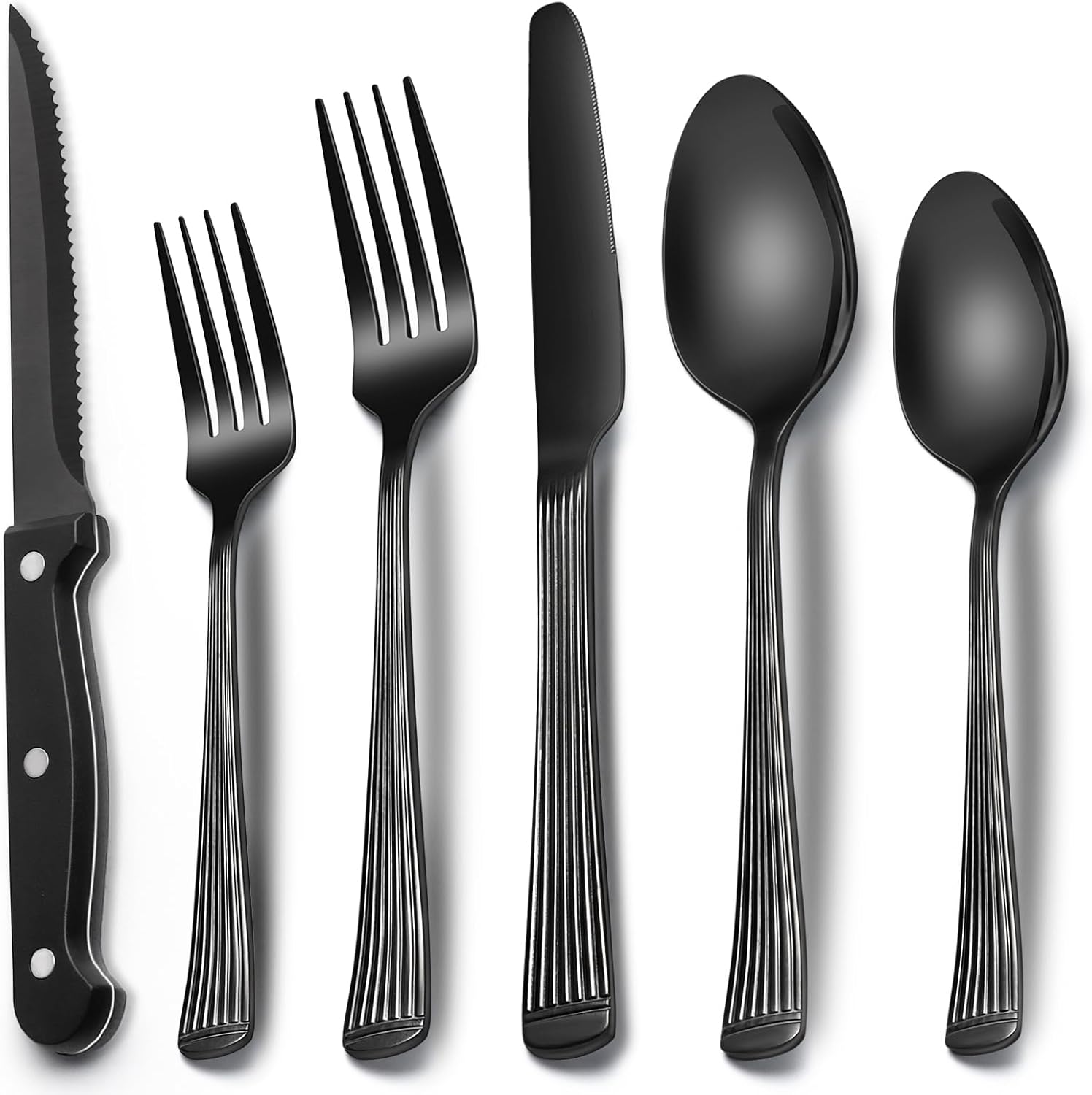 24-Piece Black Silverware Set with Steak Knives, Black Flatware Set for 4, Food-Grade Stainless Steel Tableware Cutlery Set, Mirror Finished Utensil Sets for Home Restaurant - Grand Goldman