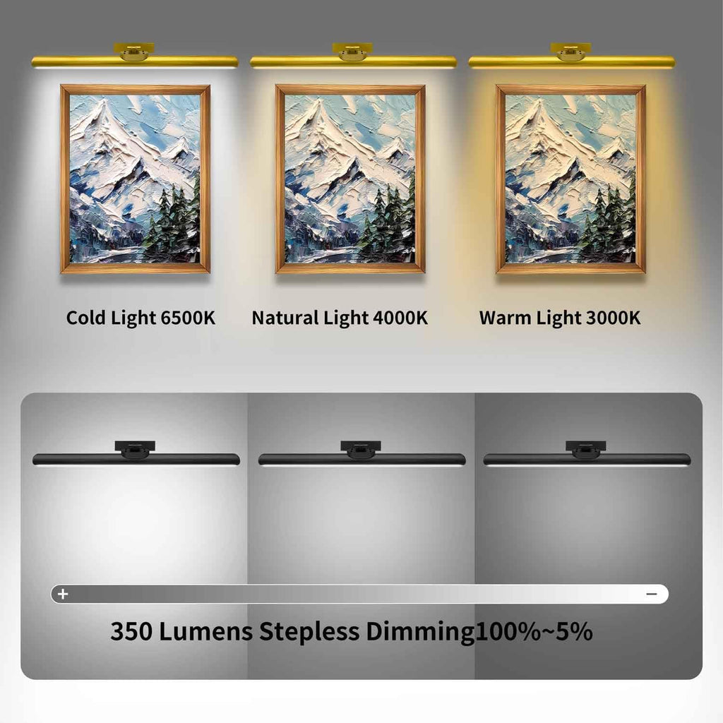 24.4" Wireless Picture Lights, Rechargeable Battery Art Display Light with Remote Control, Dimmable/Timer Off Dartboard Light, 3 Lighting Modes Full Metal Painting Display Lights (Black-1Pack) - Grand Goldman