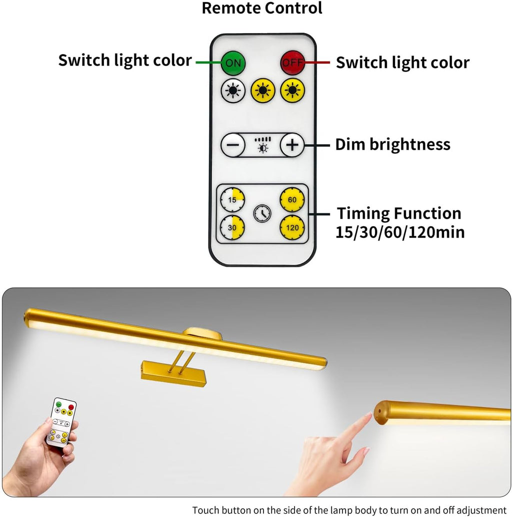 24.4" Wireless Picture Lights, Rechargeable Battery Art Display Light with Remote Control, Dimmable/Timer Off Dartboard Light, 3 Lighting Modes Full Metal Painting Display Lights (Black-1Pack) - Grand Goldman