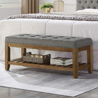 24KF Large Rectangular Upholstered Tufted Linen Fabric Ottoman Bench, Padded Bench with Solid Wood Shelf-Linen - Grand Goldman