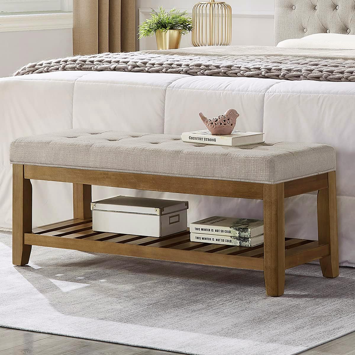 24KF Large Rectangular Upholstered Tufted Linen Fabric Ottoman Bench, Padded Bench with Solid Wood Shelf-Linen - Grand Goldman