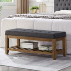 24KF Large Rectangular Upholstered Tufted Linen Fabric Ottoman Bench, Padded Bench with Solid Wood Shelf-Linen - Grand Goldman