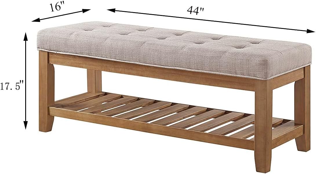 24KF Large Rectangular Upholstered Tufted Linen Fabric Ottoman Bench, Padded Bench with Solid Wood Shelf-Linen - Grand Goldman