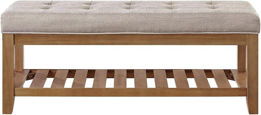 24KF Large Rectangular Upholstered Tufted Linen Fabric Ottoman Bench, Padded Bench with Solid Wood Shelf-Linen - Grand Goldman