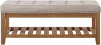 24KF Large Rectangular Upholstered Tufted Linen Fabric Ottoman Bench, Padded Bench with Solid Wood Shelf-Linen - Grand Goldman
