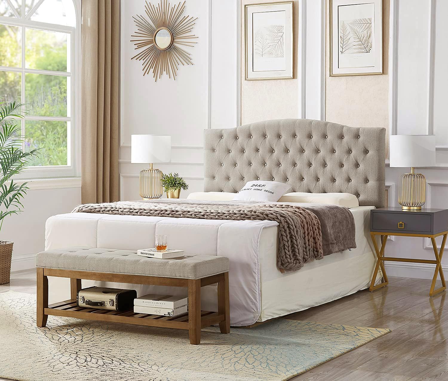 24KF Large Rectangular Upholstered Tufted Linen Fabric Ottoman Bench, Padded Bench with Solid Wood Shelf-Linen - Grand Goldman