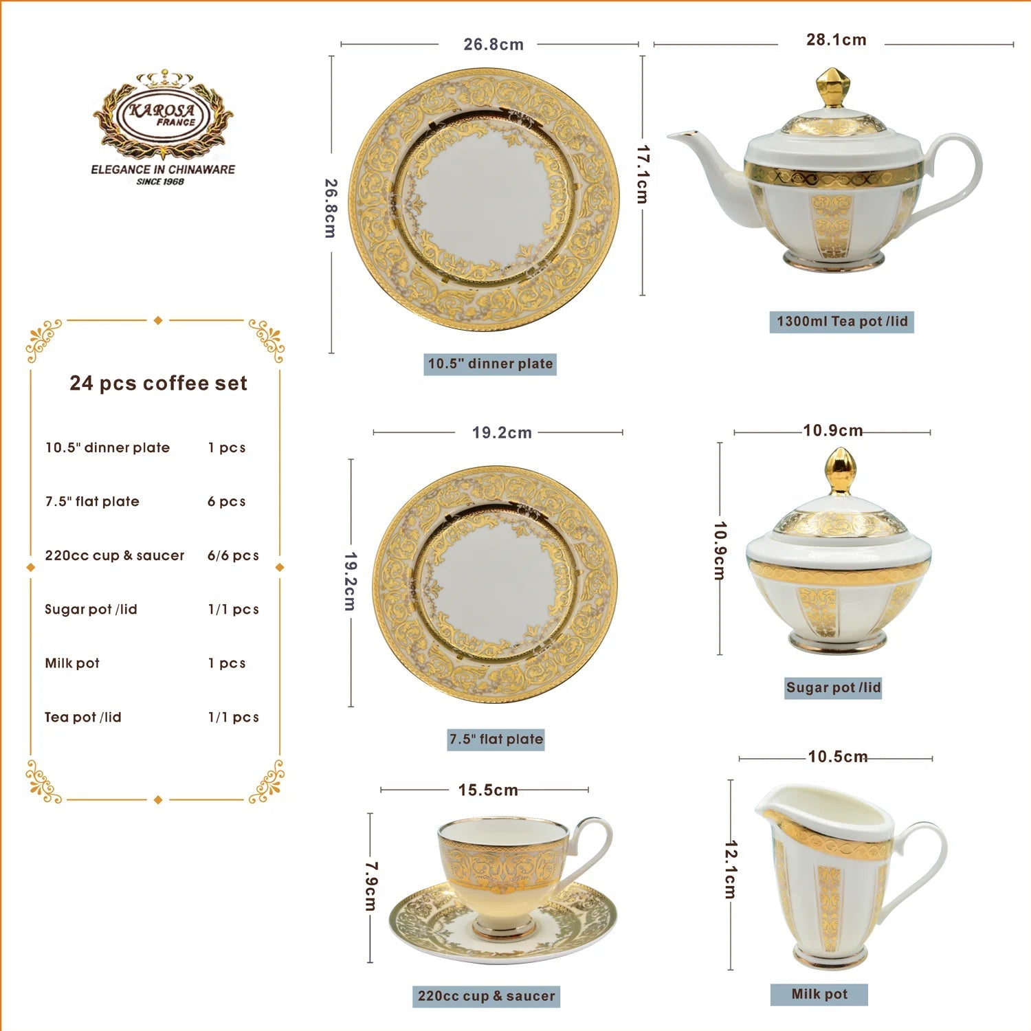 24K Gold coffee set ,cup&saucer set,bone china golden plate tableware set - Grand Goldman