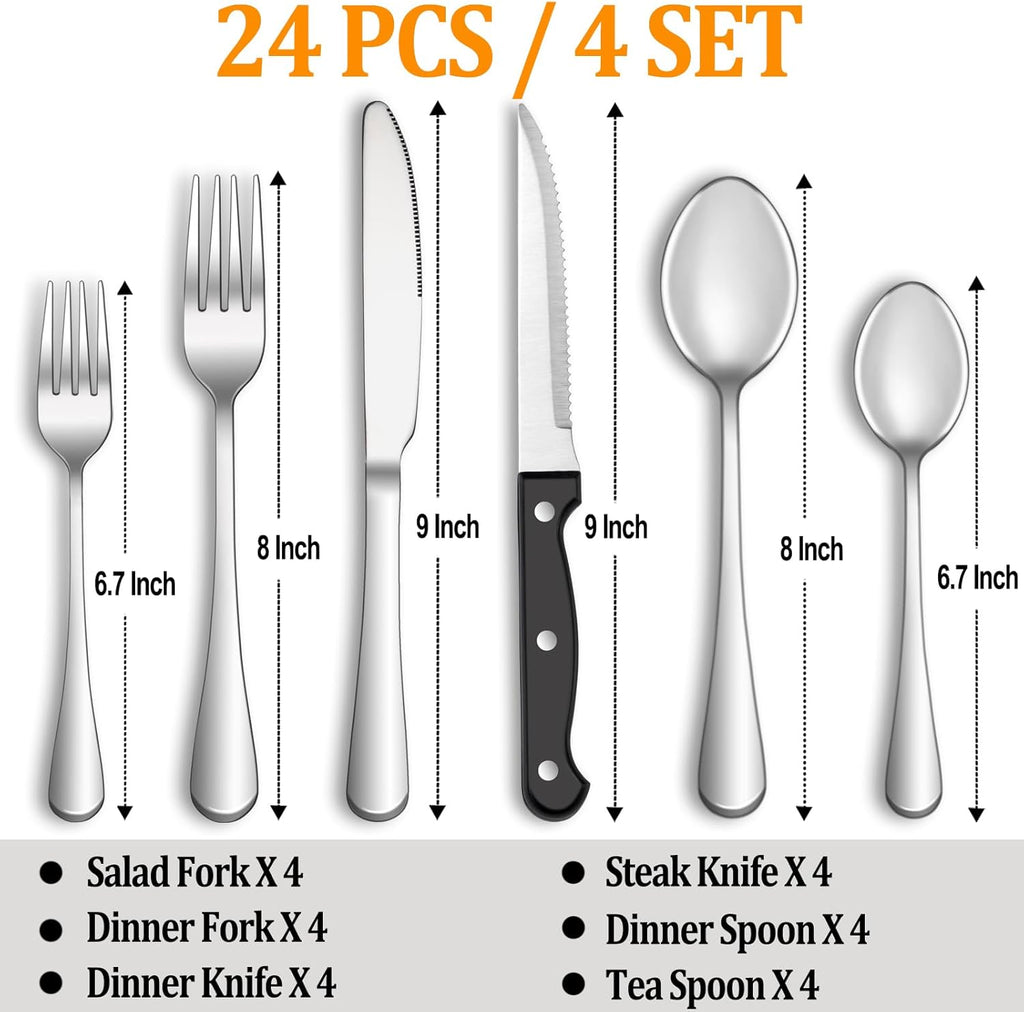 24 Pcs Silverware Set with Steak Knives Service for 4,Stainless Steel Flatware Set,Mirror Polished Cutlery Utensil Set,Home Kitchen Eating Tableware Set,Include Fork Knife Spoon Set,Dishwasher Safe - Grand Goldman