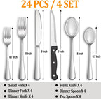 24 Pcs Silverware Set with Steak Knives Service for 4,Stainless Steel Flatware Set,Mirror Polished Cutlery Utensil Set,Home Kitchen Eating Tableware Set,Include Fork Knife Spoon Set,Dishwasher Safe - Grand Goldman