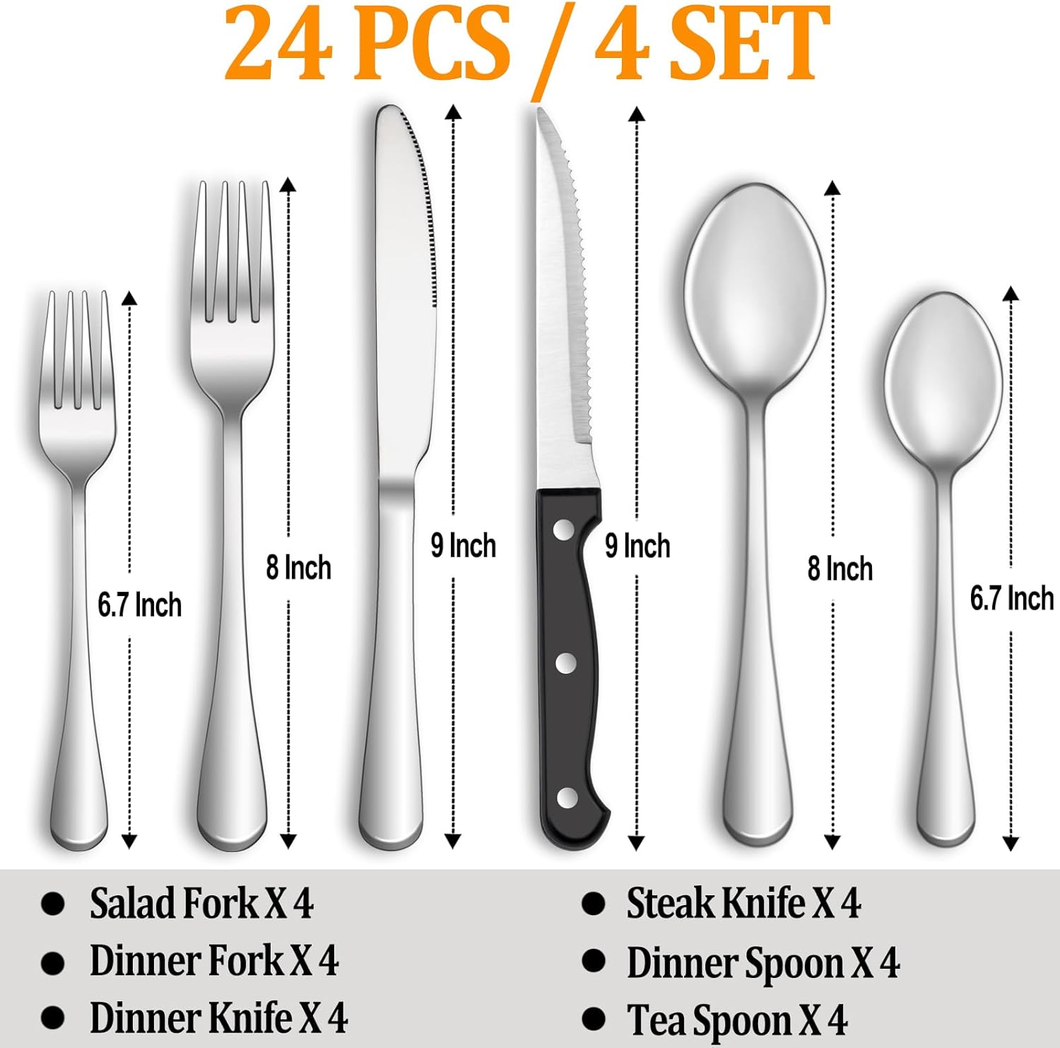 24 Pcs Silverware Set with Steak Knives Service for 4,Stainless Steel Flatware Set,Mirror Polished Cutlery Utensil Set,Home Kitchen Eating Tableware Set,Include Fork Knife Spoon Set,Dishwasher Safe - Grand Goldman
