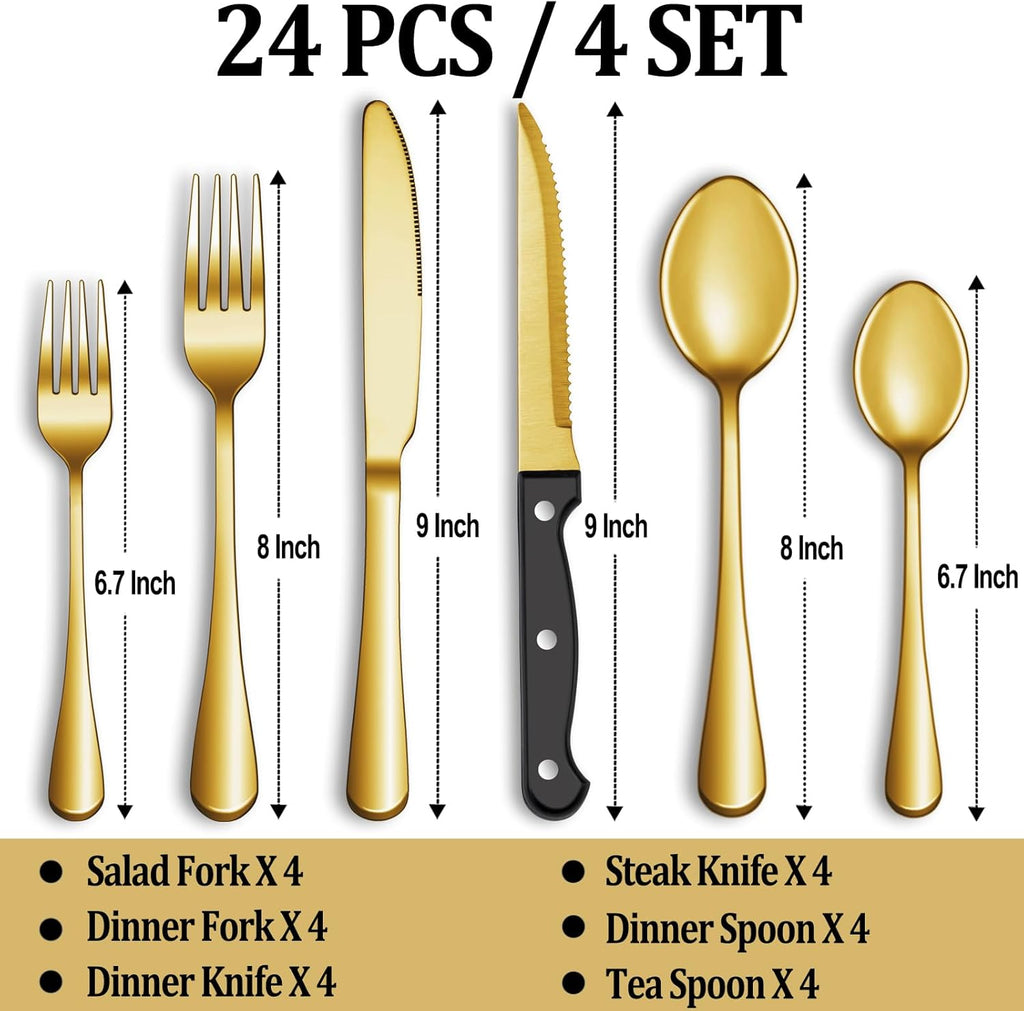 24 Pcs Silverware Set with Steak Knives Service for 4,Stainless Steel Flatware Set,Mirror Polished Cutlery Utensil Set,Home Kitchen Eating Tableware Set,Include Fork Knife Spoon Set,Dishwasher Safe - Grand Goldman