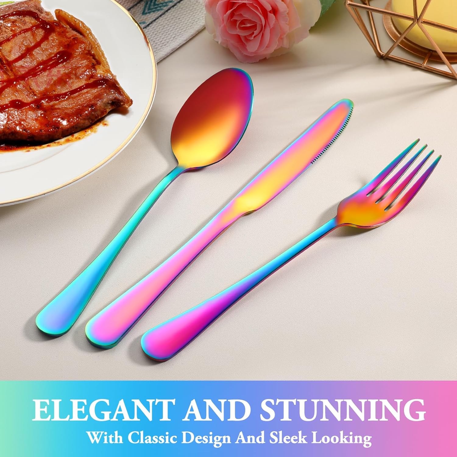 24 Pcs Silverware Set with Steak Knives Service for 4,Stainless Steel Flatware Set,Mirror Polished Cutlery Utensil Set,Home Kitchen Eating Tableware Set,Include Fork Knife Spoon Set,Dishwasher Safe - Grand Goldman