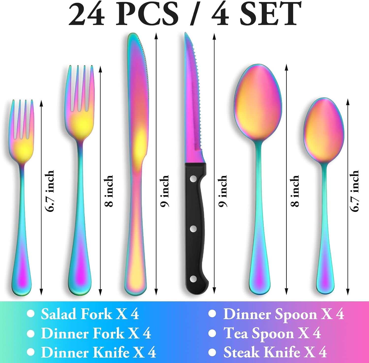 24 Pcs Silverware Set with Steak Knives Service for 4,Stainless Steel Flatware Set,Mirror Polished Cutlery Utensil Set,Home Kitchen Eating Tableware Set,Include Fork Knife Spoon Set,Dishwasher Safe - Grand Goldman