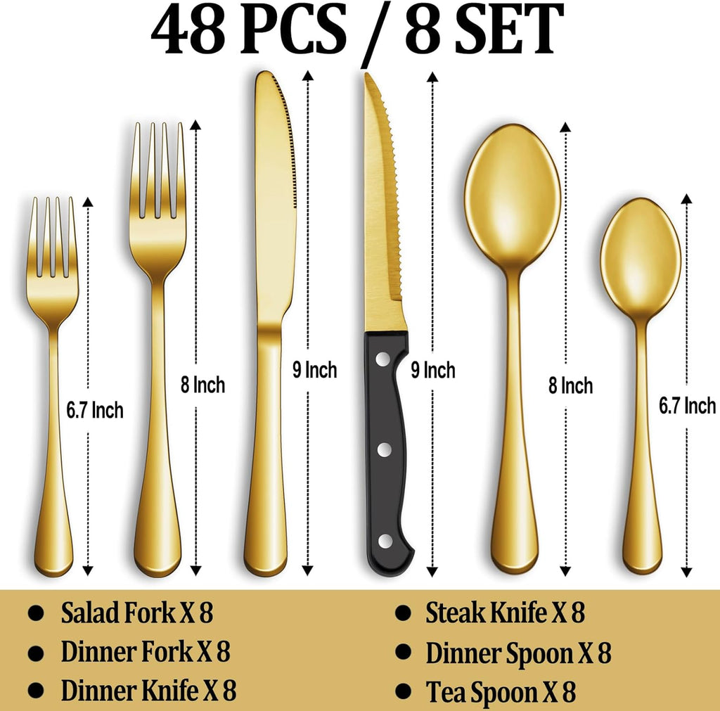 24 Pcs Silverware Set with Steak Knives Service for 4,Stainless Steel Flatware Set,Mirror Polished Cutlery Utensil Set,Home Kitchen Eating Tableware Set,Include Fork Knife Spoon Set,Dishwasher Safe - Grand Goldman