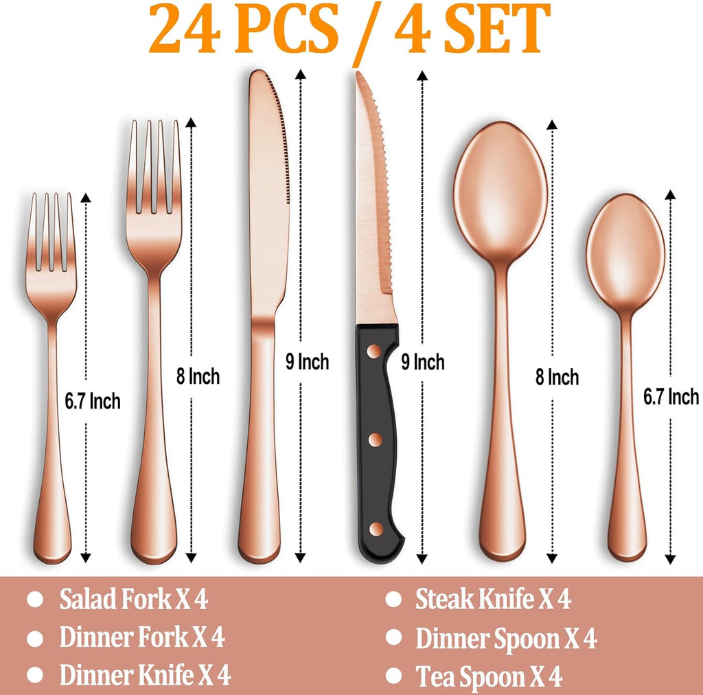 24 Pcs Silverware Set with Steak Knives Service for 4,Stainless Steel Flatware Set,Mirror Polished Cutlery Utensil Set,Home Kitchen Eating Tableware Set,Include Fork Knife Spoon Set,Dishwasher Safe - Grand Goldman