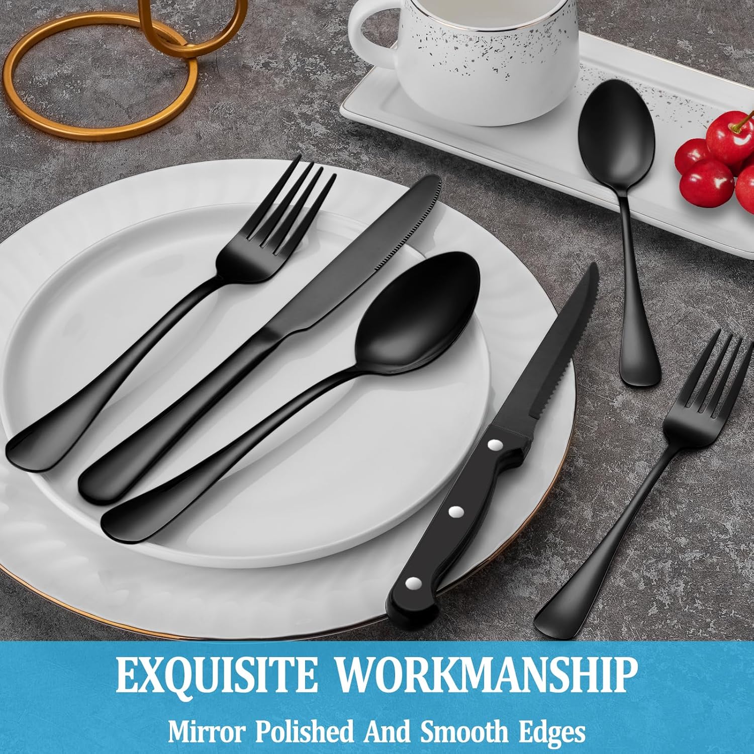 24 Pcs Silverware Set with Steak Knives Service for 4,Stainless Steel Flatware Set,Mirror Polished Cutlery Utensil Set,Home Kitchen Eating Tableware Set,Include Fork Knife Spoon Set,Dishwasher Safe - Grand Goldman