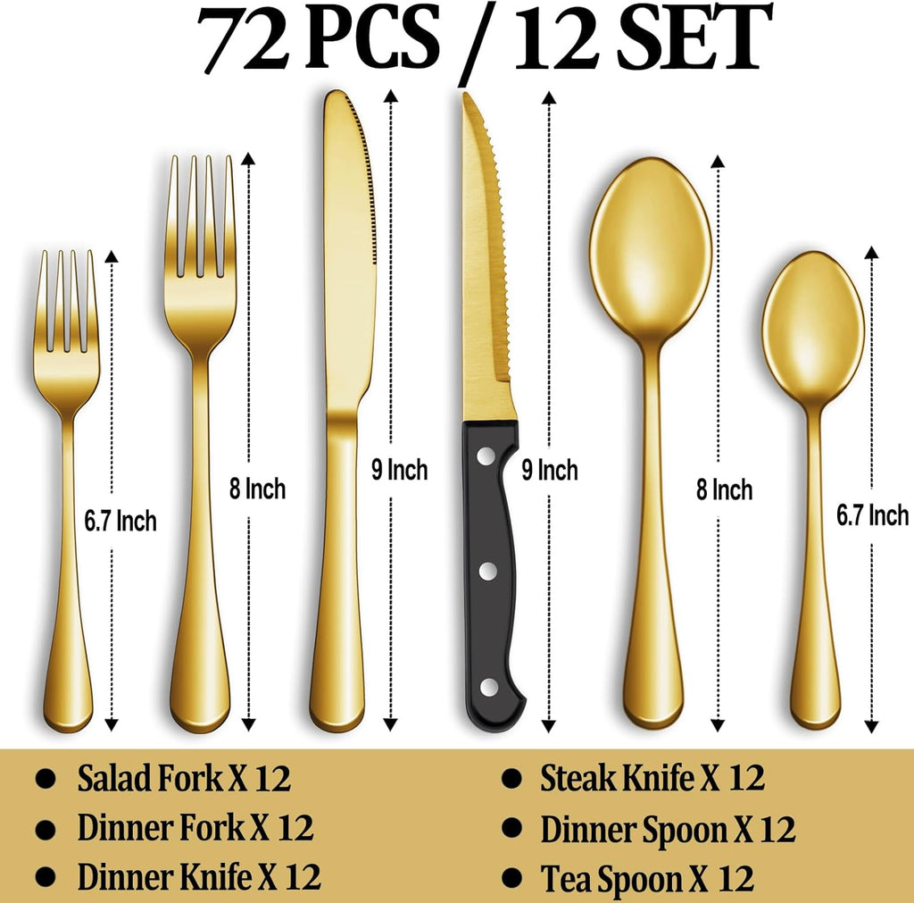 24 Pcs Silverware Set with Steak Knives Service for 4,Stainless Steel Flatware Set,Mirror Polished Cutlery Utensil Set,Home Kitchen Eating Tableware Set,Include Fork Knife Spoon Set,Dishwasher Safe - Grand Goldman