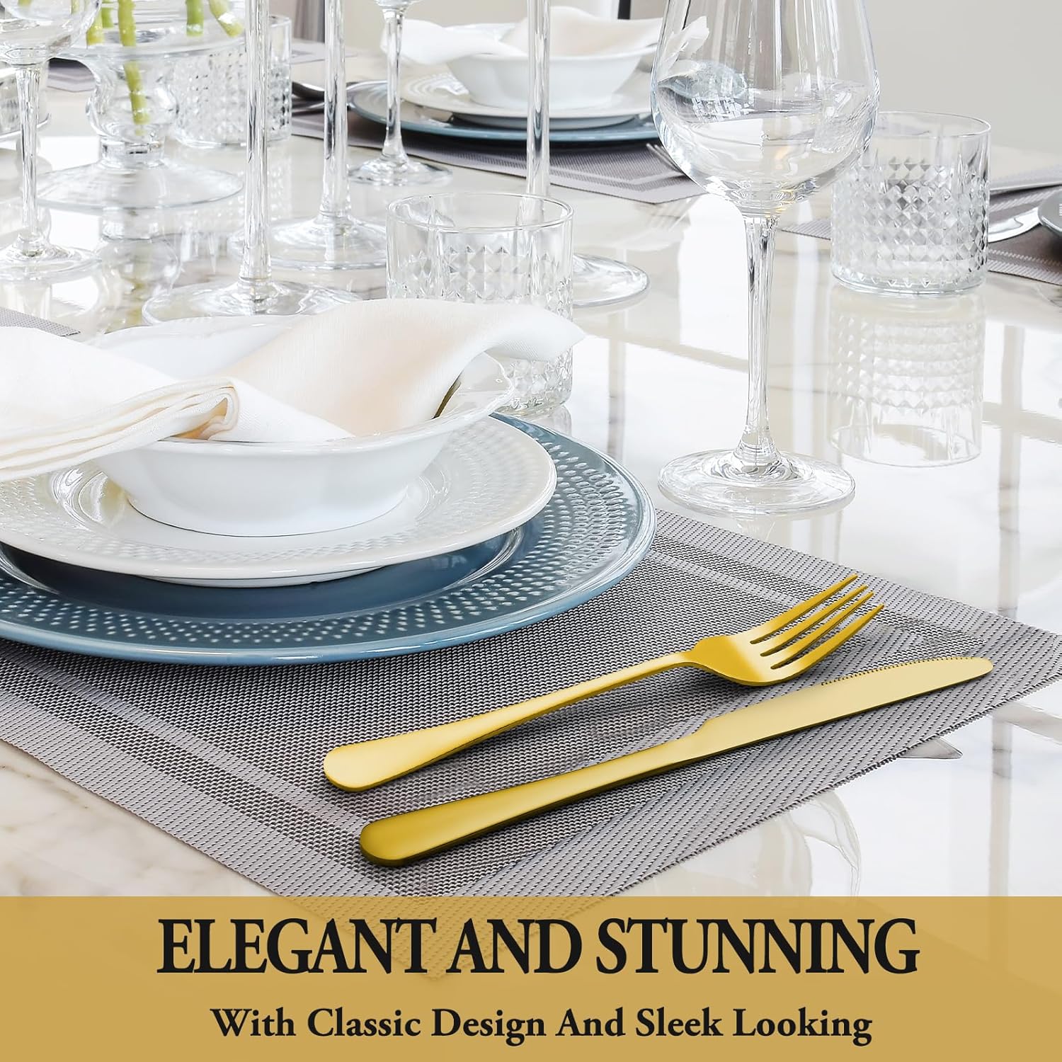 24 Pcs Silverware Set with Steak Knives Service for 4,Stainless Steel Flatware Set,Mirror Polished Cutlery Utensil Set,Home Kitchen Eating Tableware Set,Include Fork Knife Spoon Set,Dishwasher Safe - Grand Goldman