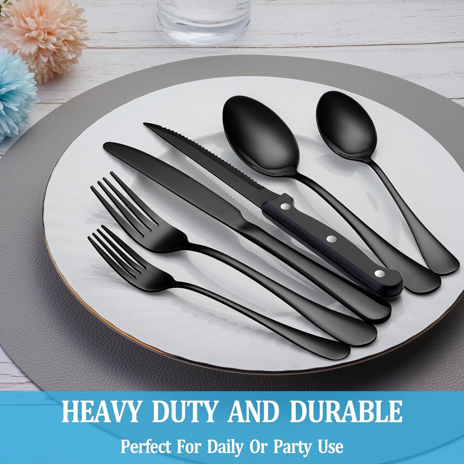 24 Pcs Silverware Set with Steak Knives Service for 4,Stainless Steel Flatware Set,Mirror Polished Cutlery Utensil Set,Home Kitchen Eating Tableware Set,Include Fork Knife Spoon Set,Dishwasher Safe - Grand Goldman